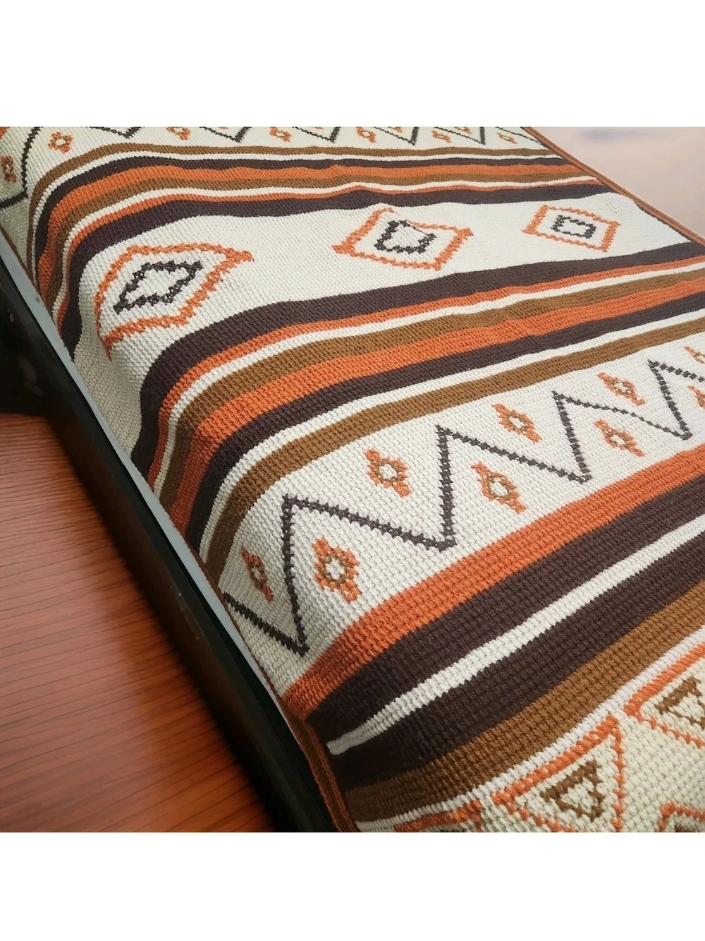 Vtg 70s Southwest Crochet Afghan Blanket Earth Tones Geo Diamond Throw 68x49